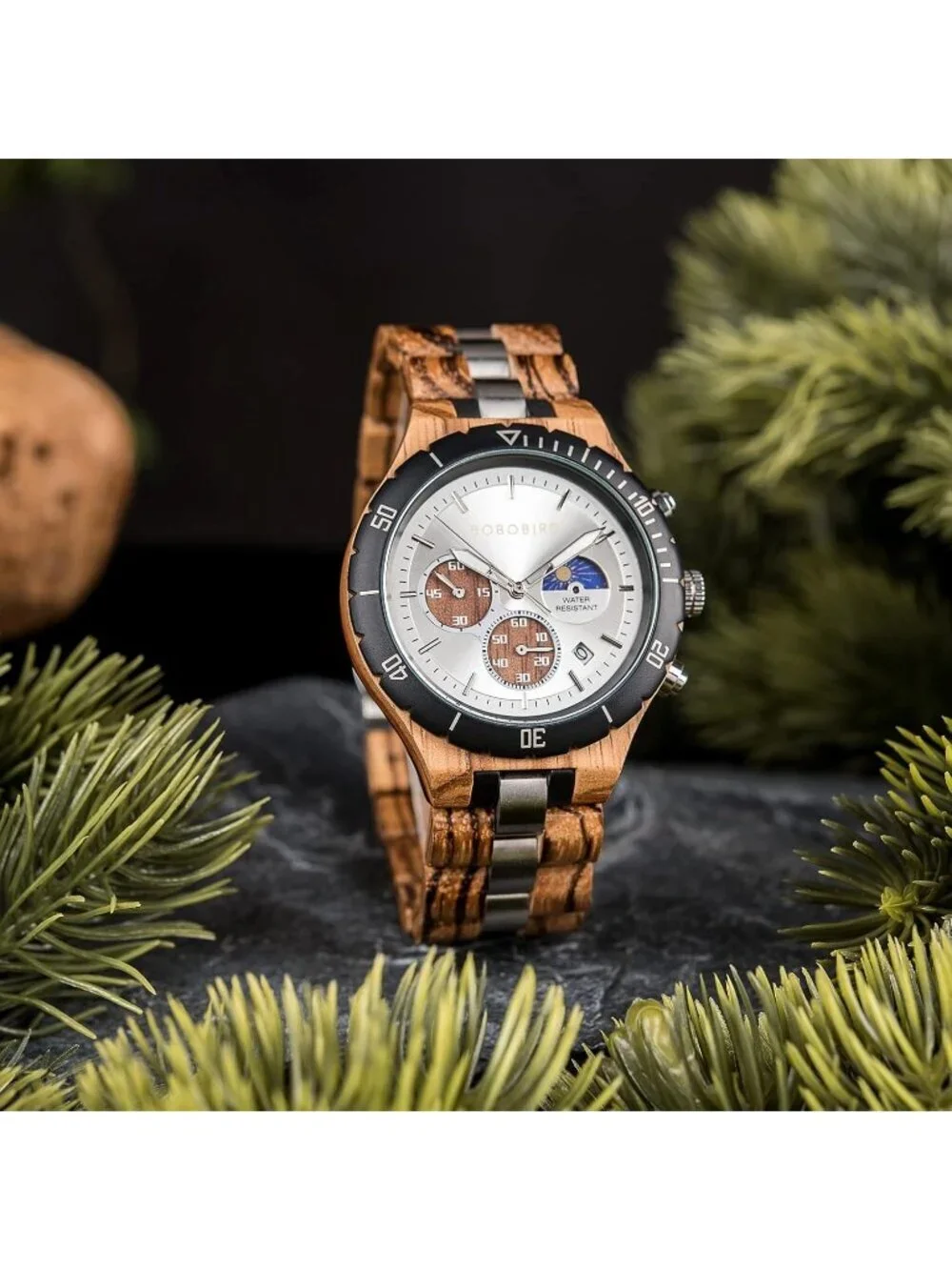 Men's Silver Stainless Steel Chronograph Sandalwood Alloy Quartz Wooden Watch